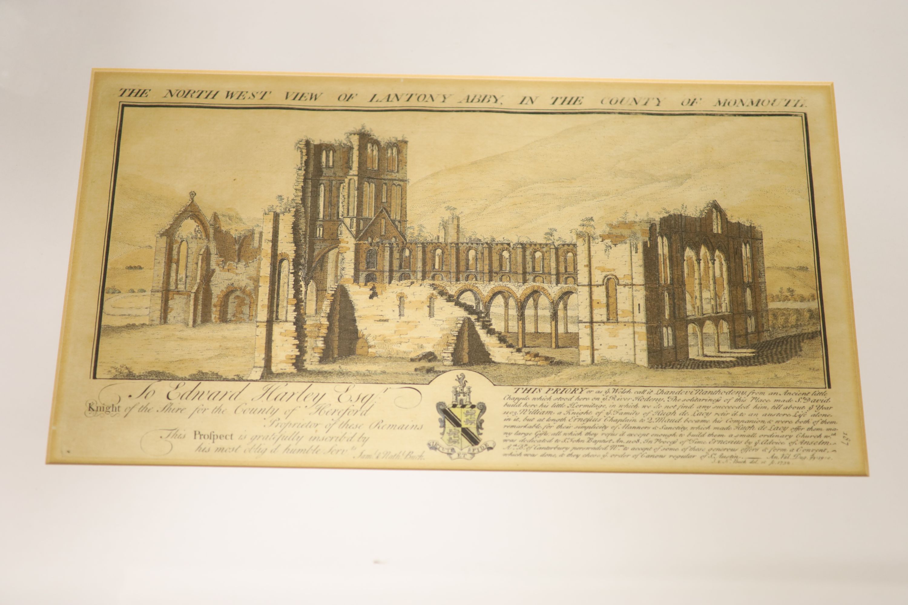 A Blome engraved Map of Surrey, 27 x 32cm, two other maps and engraving of Lantony Abbey